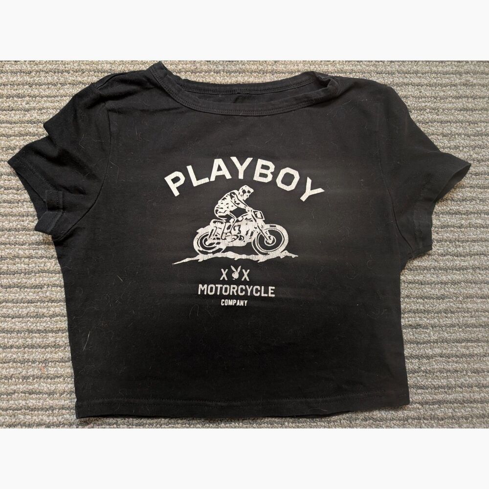 Playboy Motorsport Graphic Crop Top Black Baby Tee Biker Grunge Size Medium